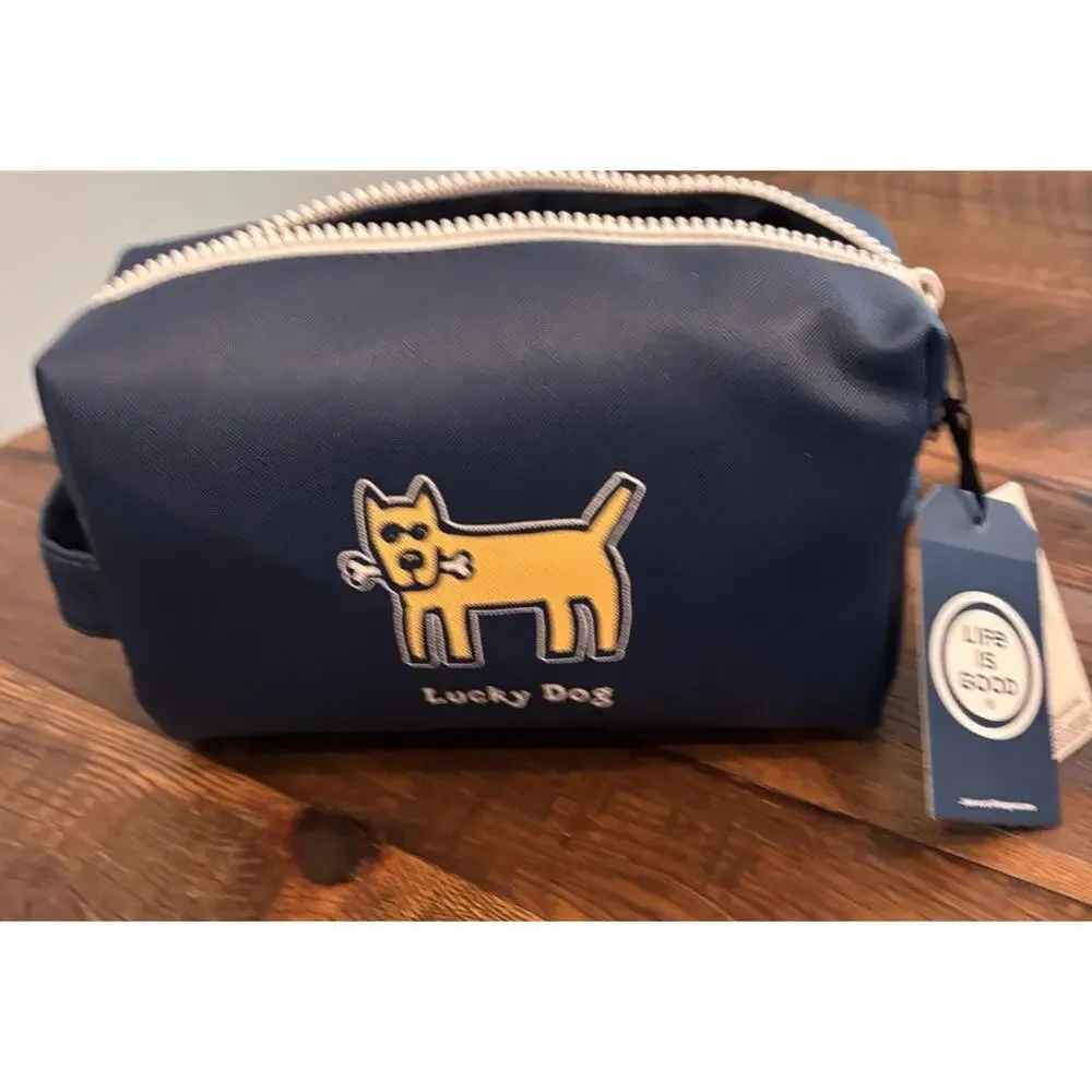 Life Is Good Lucky Dog Navy Blue Cosmetic Bag NWT